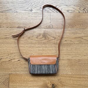 Marimekko Piccolo pattern Striped Tan and Black Crossbody Bag with Leather strap